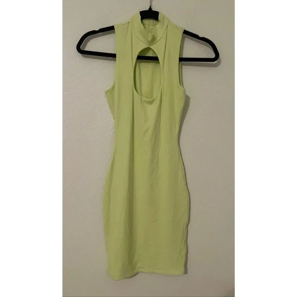 Naked Wardrobe Lime Green Cutout Bodycon Dress Mock Neck Ribbed Mini Size S NEW